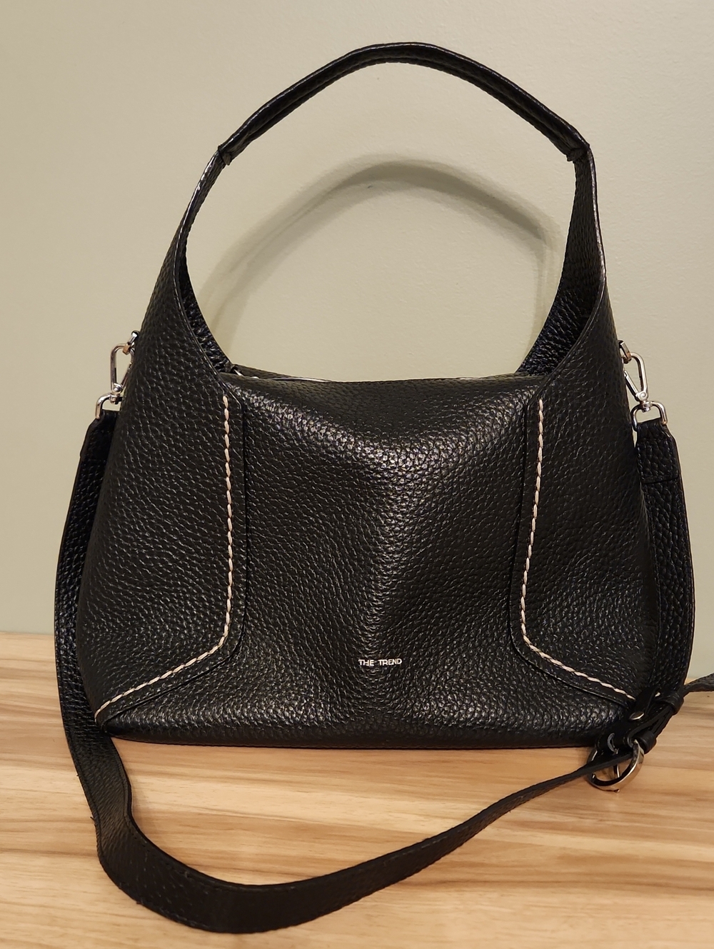 Textured Black Shoulder Bag with Contrast Stitching